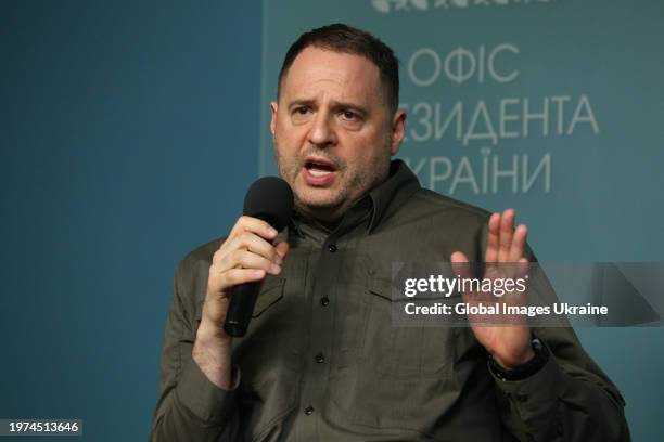 Head of the Office of the President of Ukraine Andriy Yermak speaks during meeting with Ukrainian media on January 30, 2024 in Kyiv, Ukraine. Yermak...