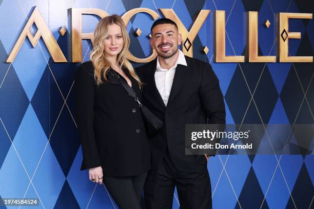 Simone Holtznagel and Jono Castano attend the Sydney premiere of "Argylle" at Hoyts Entertainment Quarter on January 31, 2024 in Sydney, Australia.