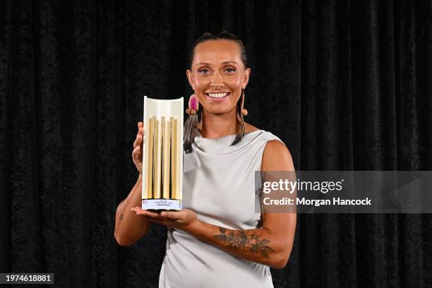 Ashleigh Gardner poses with the Community Impact Award during the 2024 Cricket Australia Awards at Crown Palladium on January 31, 2024 in Melbourne,...