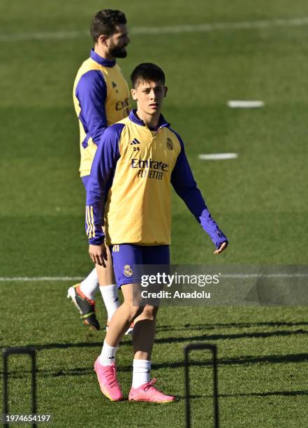 Arda Guler of Real Madrid attends training session before the LaLiga EA week 23 football match against Atletico de Madrid at Ciudad Deportiva Real...