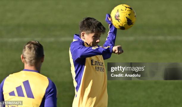 Arda Guler of Real Madrid attends training session before the LaLiga EA week 23 football match against Atletico de Madrid at Ciudad Deportiva Real...