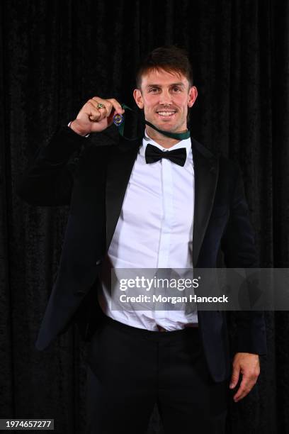 Mitch Marsh poses with the Allan Border Medal during the 2024 Cricket Australia Awards at Crown Palladium on January 31, 2024 in Melbourne, Australia.