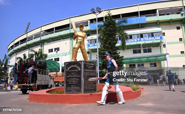 England batsman Zak Crawley makes his to the nets during England practice ahead of the 2nd Test Match at ACA-VDCA Stadium on January 31, 2024 in...