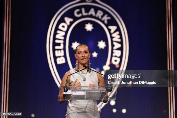 Ashleigh Gardner speaks on stage after receiving the Belinda Clark Award during the 2024 Cricket Australia Awards at Crown Palladium on January 31,...