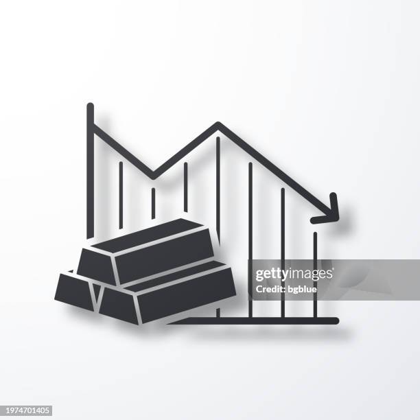 abnehmende grafik mit goldbarren. symbol mit schatten auf weißem hintergrund - 3d data bars stock-grafiken, -clipart, -cartoons und -symbole