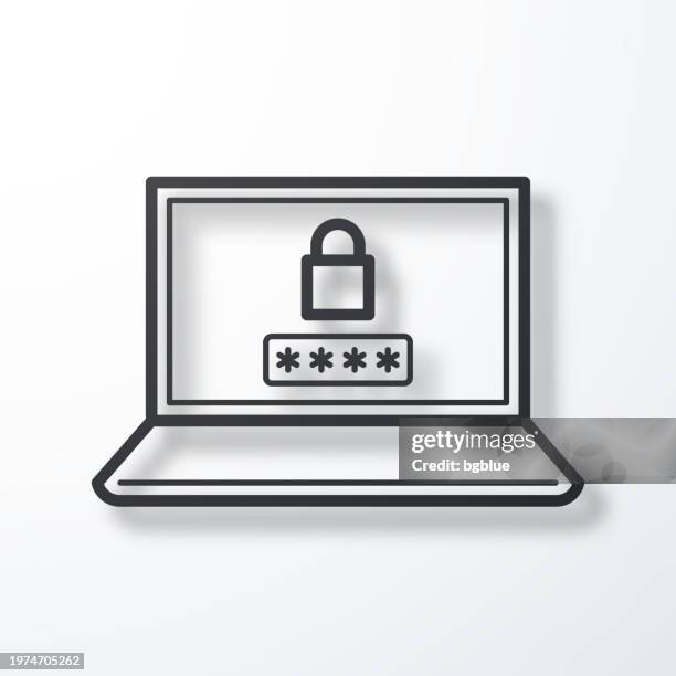 laptop with password. line icon with shadow on white background - security code stock illustrations
