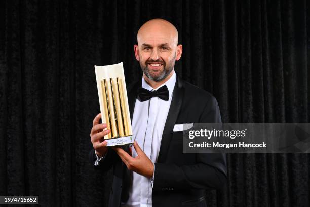 Nathan Lyon poses with the Shane Warne Men’s Test Player of the Year award during the 2024 Cricket Australia Awards at Crown Palladium on January 31,...