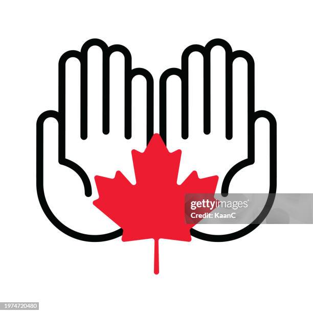 canada concept with maple leaf and hand shepe. simple vector web banner. canada stock illustration - maple leaf isolated stock illustrations
