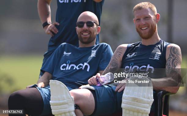England captain Ben Stokes and Jack Leach share a joke during England practice ahead of the 2nd Test Match at ACA-VDCA Stadium on January 31, 2024 in...