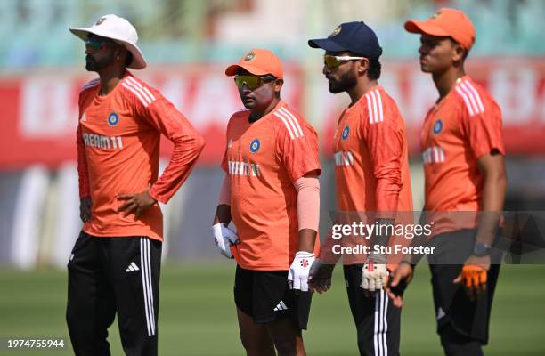 India player Sarfaraz Khan looks on during India nets ahead of the 2nd Test Match at ACA-VDCA Stadium on January 31, 2024 in Visakhapatnam, India.