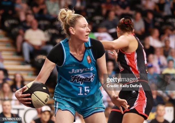 Lauren Jackson of the Flyers passes during the WNBL match between Southside Flyers and Perth Lynx at State Basketball Centre, on January 31 in...