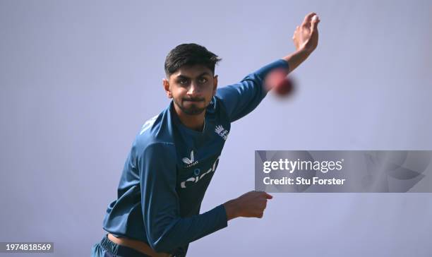 England player Shoaib Bashir in bowling action during England practice ahead of the 2nd Test Match at ACA-VDCA Stadium on January 31, 2024 in...