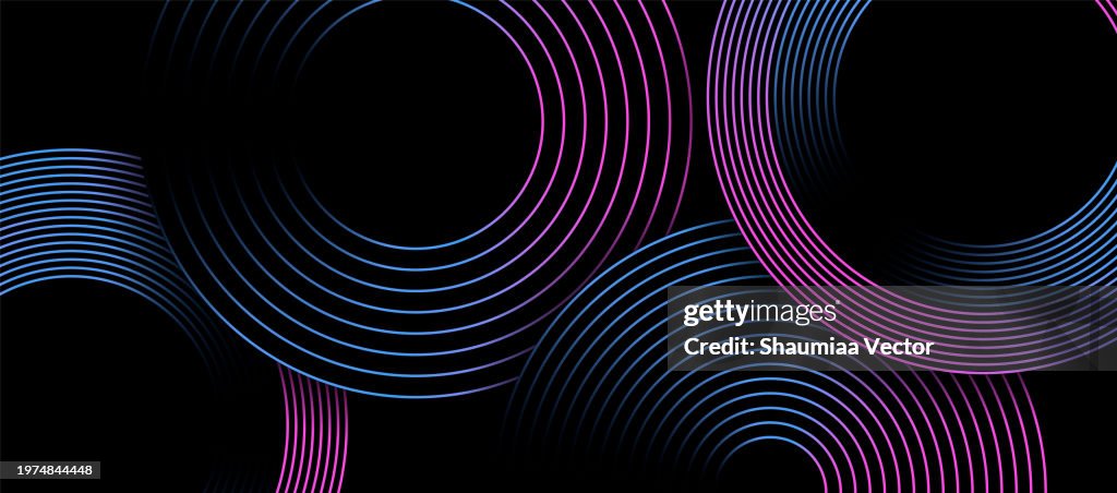 Línea de círculo degradado abstracta moderna azul, rosa y púrpura sobre diseño de fondo negro oscuro
