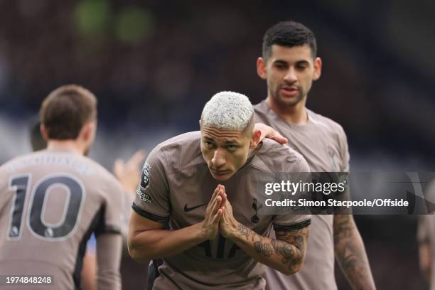 Richarlison of Tottenham Hotspur apologies to the home fans after scoring his side's 1st goal during the Premier League match between Everton FC and...