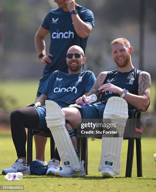 England captain Ben Stokes and Jack Leach share a joke during England practice ahead of the 2nd Test Match at ACA-VDCA Stadium on January 31, 2024 in...