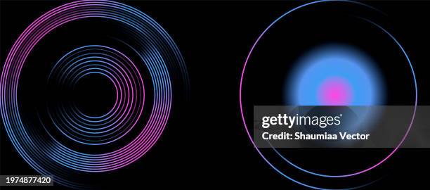 modern abstract blue, pink and purple gradient circle line on dark black background design - amplifier stock illustrations