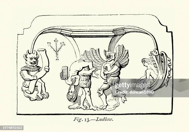 illustrations, cliparts, dessins animés et icônes de sculpture médiévale sur bois d’un étal d’église, démon et diables, jouant de la cornemuse, ludlow - medieval torture devices