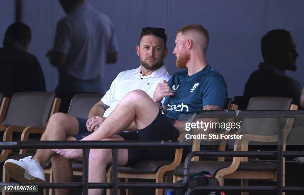 England captain Ben Stokes coach Brendon McCullum in conversation during England practice ahead of the 2nd Test Match at ACA-VDCA Stadium on January...