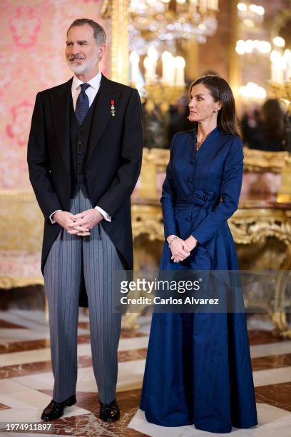 King Felipe VI of Spain and Queen Letizia of Spain receive the Diplomatic Corps at the Zarzuela Palace on January 31, 2024 in Madrid, Spain.