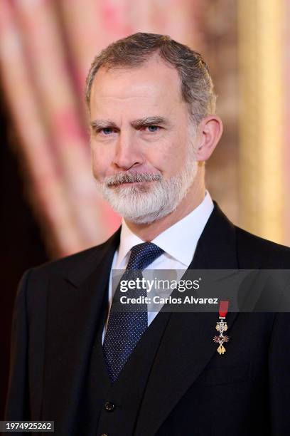 King Felipe VI of Spain receives the Diplomatic Corps at the Zarzuela Palace on January 31, 2024 in Madrid, Spain.