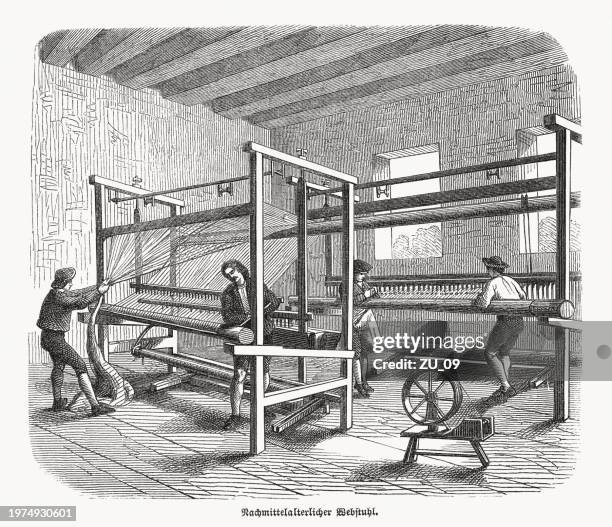europäischer webstuhl, ca. 17. jh., holzstich, erschienen 1869 - webstuhl stock-grafiken, -clipart, -cartoons und -symbole