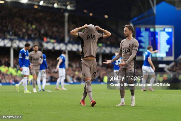 Richarlison of Tottenham Hotspur apologies to the home fans alongside James Maddison of Tottenham Hotspur after scoring his side's 2nd goal during...