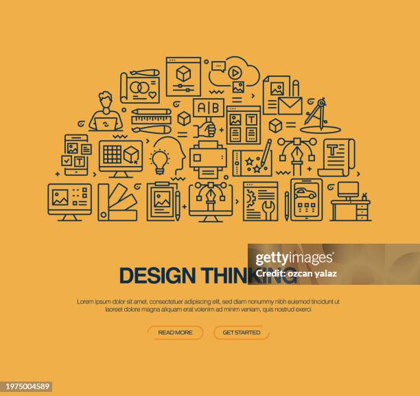 design thinking related vector banner design concept. global multi-sphere ready-to-use template. web banner, website header, magazine, mobile application etc. modern design. - prototype icon stock illustrations