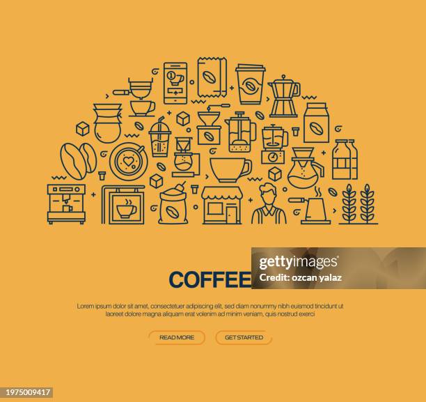 coffee related vector banner design concept. global multi-sphere ready-to-use template. web banner, website header, magazine, mobile application etc. modern design. - outside cafe stock illustrations