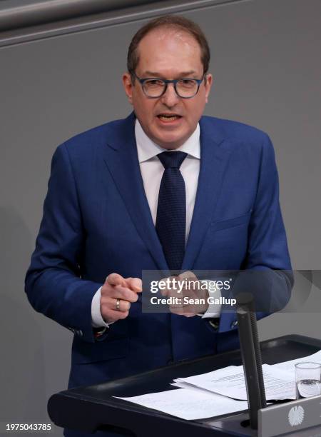 Alexander Dobrindt of the Christian Democrats faction speaks during debates about the 2024 federal budget at the Bundestag on January 31, 2024 in...