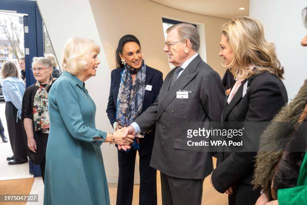 Queen Camilla meets Maggie's Chief Executive, Mr Stuart Gulliver, Chairman of Maggie's and representatives of The Royal Free London during her visit...