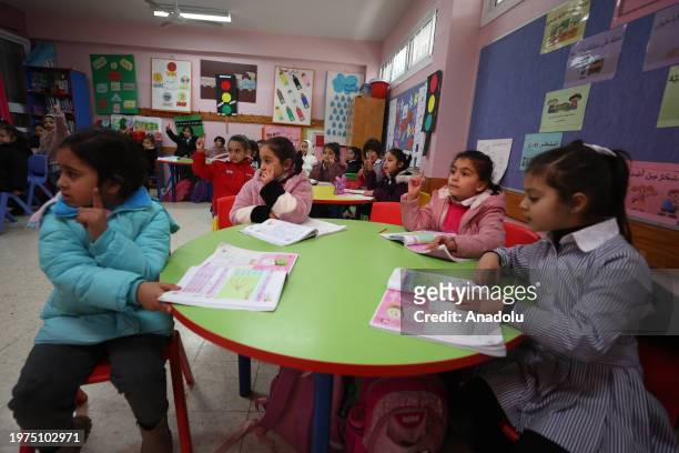 Palestinian children study at UNRWA school. At al-Am'ari Refugee Camp after funding cuts to UNRWA in Ramallah, West Bank on February 03, 2024. Last...