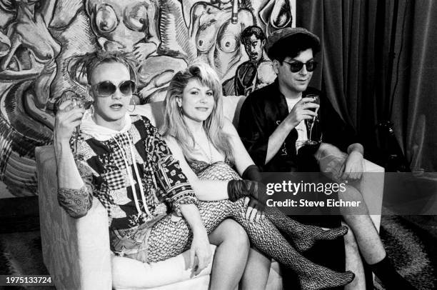 View of, from left, American author and 'Club Kids' James St James & singer Screamin' Rachael , and journalist Michael Musto during a photo shoot for...