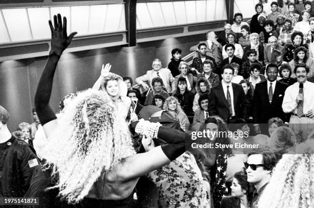 General view of 'Club Kids,' including drag performer RuPaul , audience members, and television host Geraldo Rivera during the filming of an episode...