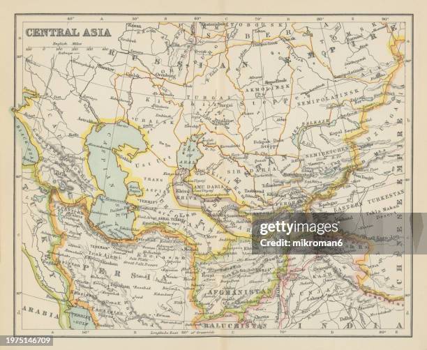 old chromolithograph map of central asia (continent) - antique logo stock pictures, royalty-free photos & images