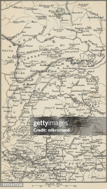 old chromolithograph map of pamir and chitral - antique logo stock pictures, royalty-free photos & images