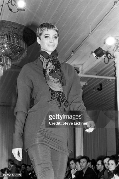 American fashion model Christy Turlington on a runway at a Dolce & Gabbana show for New York Fashion Week at the Puck building, New York, New York,...