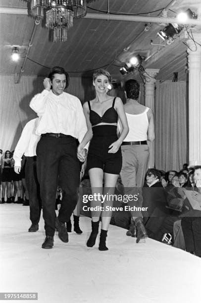 View of Italian designer Stefano Gabbana and American fashion model Christy Turlington at a Dolce & Gabbana runway fashion show for Fashion Week NYFW...