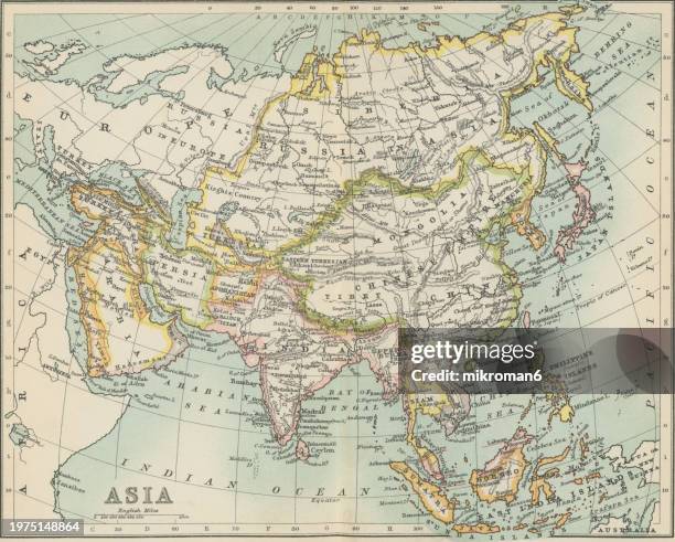 old chromolithograph map of asia (continent) - antique logo stock pictures, royalty-free photos & images