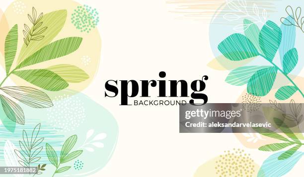 ilustrações, clipart, desenhos animados e ícones de hand drawn spring leaves background - primavera estação do ano