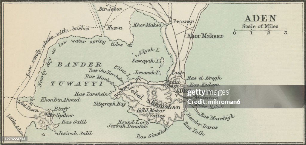 Old chromolithograph map of Aden, a port city located in Yemen in the southern part of the Arabian peninsula, positioned near the eastern approach to the Red Sea