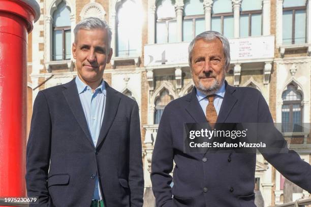 Brazilian Antonio Pedrosa and the President of the Venice Biennale Roberto Cicutto pose for a portrait at Ca' Giustinian, home of the Venice Biennale...