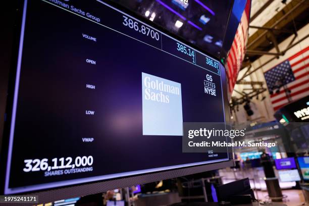 The Goldman Sachs company logo is seen displayed on a screen at the New York Stock Exchange during morning trading on January 31, 2024 in New York...
