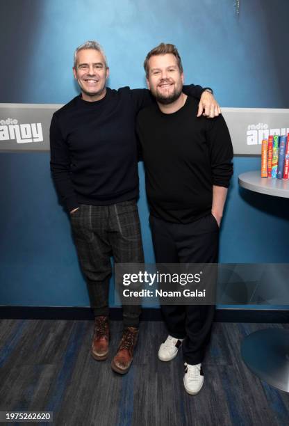 Andy Cohen and James Corden visit 'Radio Andy' at the SiriusXM Studios on January 29, 2024 in New York City.