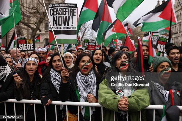 Protestors gather near parliament during the 'Ceasefire Now Stop The Genocide In Gaza' national UK demonstration on February 3, 2024 in London,...