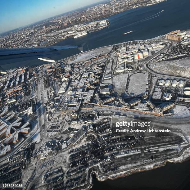 View of Rivers Island as seen from a departing airline taking off from LaGuardia Airport, January 17 in Queens, New York. The island serves as New...