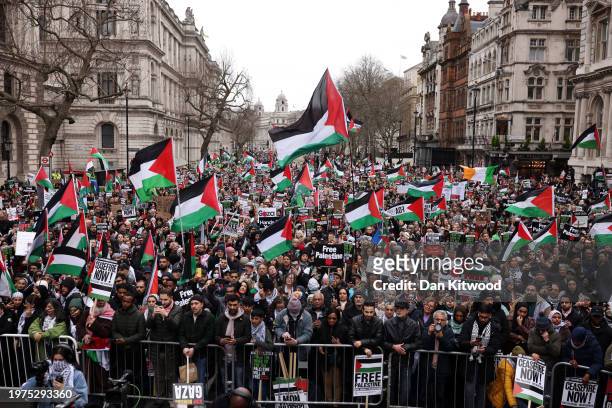 Protestors gather near parliament during the 'Ceasefire Now Stop The Genocide In Gaza' national UK demonstration on February 3, 2024 in London,...