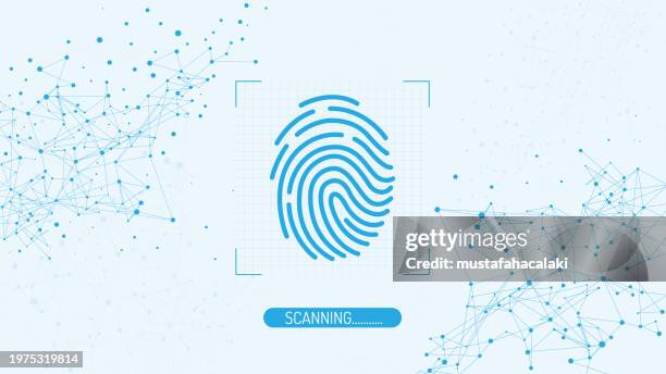 fingerprint scanning on blue abstract molecules background - fingerprint scanner stock illustrations