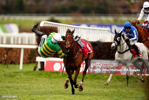 Jockey Jonathan Burke is unseated by In Excelsis Deo during the Virgin Bet Every Saturday Money Back Handicap Chase during the Virgin Bet Scilly...