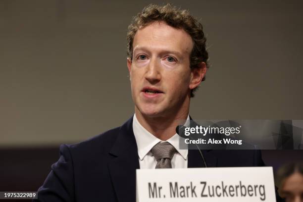 Mark Zuckerberg, CEO of Meta testifies before the Senate Judiciary Committee at the Dirksen Senate Office Building on January 31, 2024 in Washington,...