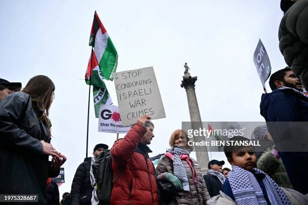 Pro-Palestinian activists and supporters wave flags and carry placards as they walk past the Nelson's Column in Trafalgar Square, in central London,...